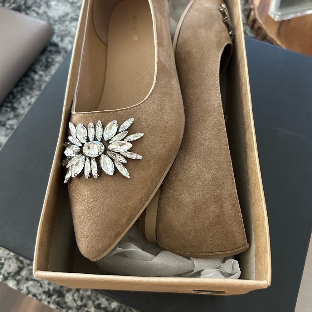 Black Cream and Brown Flats with Crystal Embellishment